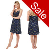 Cheetah animal print style with a navy background in a silky mat satin chemise nightie which is knee length with adjustable straps and a vee neck detail in UK sizes 10, 12, 18, 20,