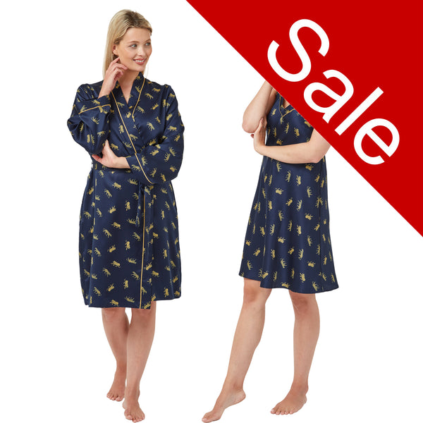 Navy cheetah, tiger print silky mat satin matching knee length chemise and dressing gown robe set in UK size 10-12
