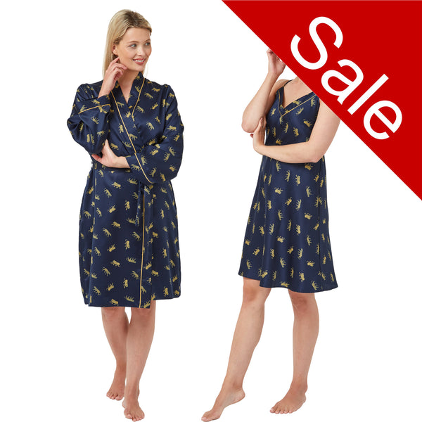 Navy cheetah, tiger print silky mat satin matching knee length chemise and dressing gown robe set in UK size 10-12
