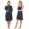 Navy cheetah, tiger print silky mat satin matching knee length chemise and dressing gown robe set in UK size 10-12