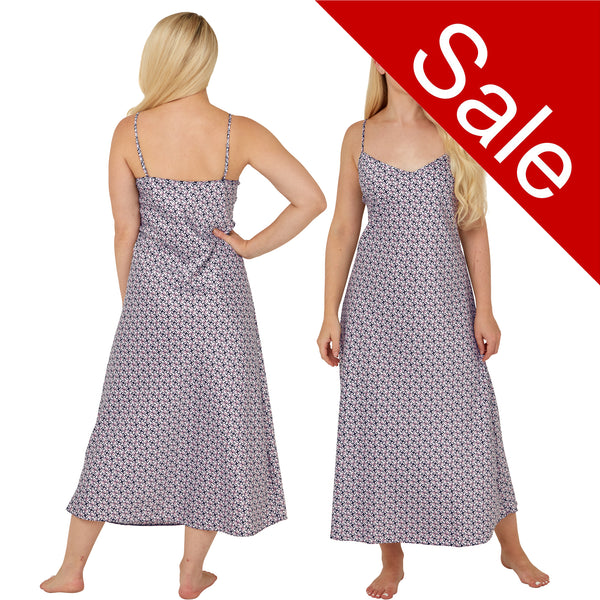 Long full length mat satin chemise nightdress with string adjustable straps in a geometric floral navy and pink pattern in UK plus sizes 12, 14, 16, 18, 20, 22, 24, 26, 28, 30, 32, 34