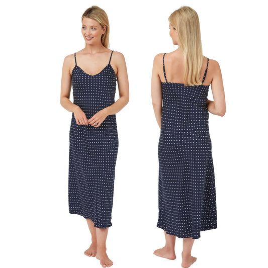 long full length chiffon chemise nightdress with string adjustable straps in a navy and white polka dot pattern in UK sizes 12, 14, 16, 18, 20, 22,