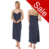 Long full length chiffon chemise nightdress with string adjustable straps in a navy and white polka dot pattern in UK sizes 12, 14, 16, 18, 20, 22,