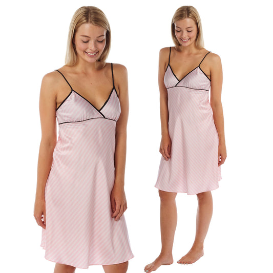 pink candy stripe satin chemise nightie which is knee length with adjustable straps and a vee neck detail in UK sizes 12, 14, 16