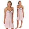 pink candy stripe satin chemise nightie which is knee length with adjustable straps and a vee neck detail in UK sizes 12, 14, 16
