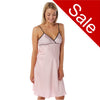 pink candy stripe satin chemise nightie which is knee length with adjustable straps and a vee neck detail in UK size 12, 
