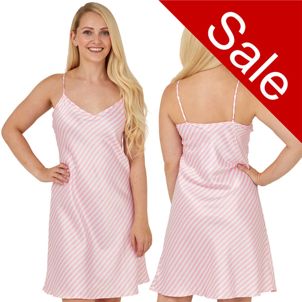 Pink and white candy stripe mat satin chemise nightie which is knee length with adjustable straps and a vee neck detail in UK sizes 12, 14, 16, 18, 20, 22, 