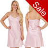 Pink and white candy stripe mat satin chemise nightie which is knee length with adjustable straps and a vee neck detail in UK sizes 12, 14, 16, 18, 20, 22, 