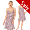 pink and navy ditsy floral with an ivory background satin chemise nightie which is knee length with adjustable straps and a vee neck detail in UK plus sizes 12, 14, 16, 18, 20, 22, 24, 26, 28, 30, 32, 34, 36, 38