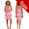 Hot pink heart graffiti print mat satin chemise, nightie which is knee length with adjustable straps and a vee neck detail in UK plus sizes 16, 18, 20, 22, 24, 26