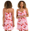 Hot pink heart graffiti print mat satin chemise, nightie which is knee length with adjustable straps and a vee neck detail in UK plus sizes 16, 18, 20, 22, 24, 26