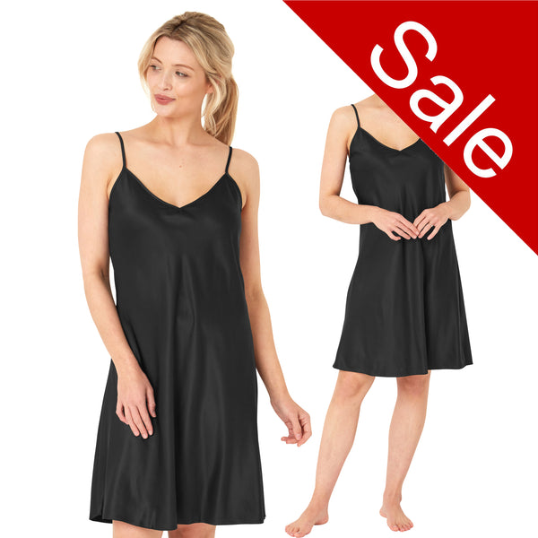 plain black mat satin chemise nightie which is knee length with adjustable straps and a vee neck detail in UK plus sizes 12, 14, 16, 18, 20, 22, 24, 26, 28, 30, 32, 34, 36, 38