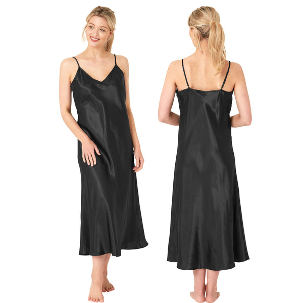 Long full length mat satin chemise nightdress with string adjustable straps in plain black in UK plus sizes 12, 14, 16, 18, 20, 22, 24, 26, 28, 30, 32, 34, 36, 38