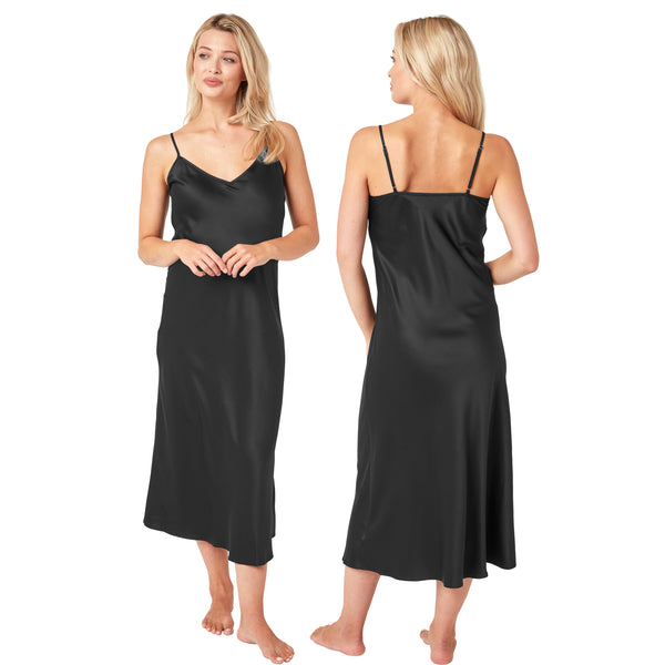 Long full length mat satin chemise nightdress with string adjustable straps in plain black in UK plus sizes 16, 18, 20, 22, 24, 26,
