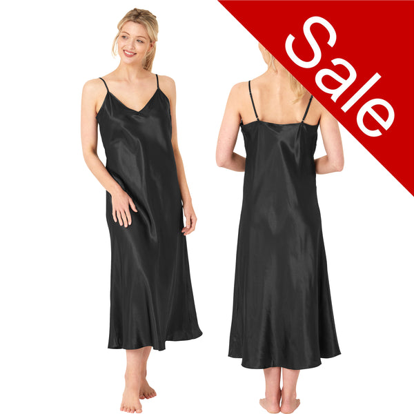 Long full length mat satin chemise nightdress with string adjustable straps in plain black in UK plus sizes 12, 14, 16, 18, 20, 22, 24, 26, 28, 30, 32, 34, 36, 38