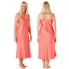 long full length mat satin chemise nightdress with string adjustable straps in a plain coral pink in UK plus sizes 8, 10, 12, 14, 16, 18, 20, 22, 24, 26,