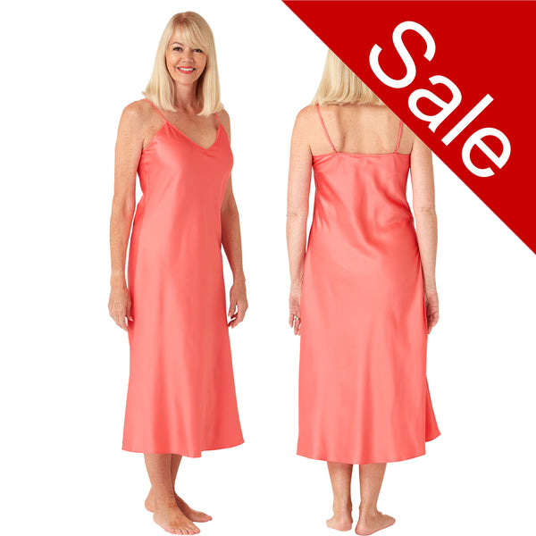 Long full length mat satin chemise nightdress with string adjustable straps in a plain coral pink in UK plus sizes 8, 10, 16, 18, 