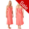 Long full length mat satin chemise nightdress with string adjustable straps in a plain coral pink in UK plus sizes 8, 10, 16, 18, 