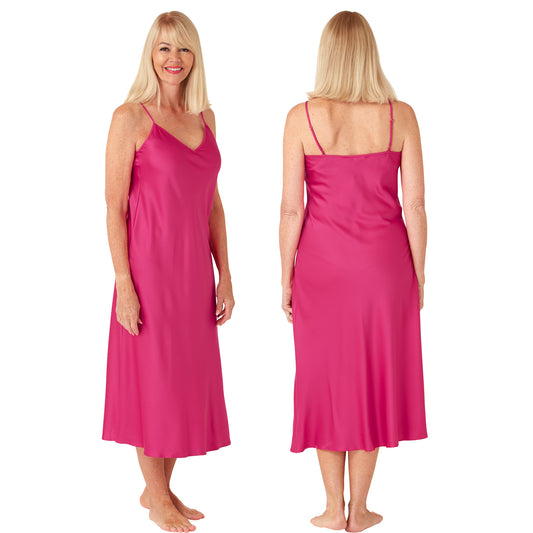 long full length mat satin chemise nightdress with string adjustable straps in a plain peony bright pink in UK plus sizes 8, 10, 12, 14, 16, 18, 20, 22, 24, 26,