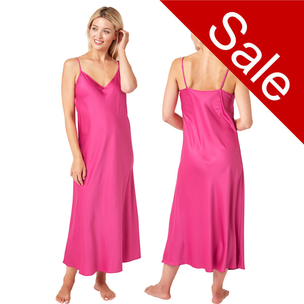 Long full length mat satin chemise nightdress with string adjustable straps in a plain raspberry pink in UK plus sizes 12, 14, 16, 18, 20, 22, 24, 26, 28, 30, 32, 34, 36, 38