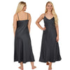 long full length mat satin chemise nightdress with string adjustable straps in a plain charcoal grey black in UK plus sizes 12, 14, 16, 18, 20, 22, 24, 26, 28, 30, 32, 34,