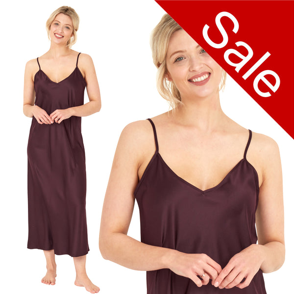Long full length mat satin chemise nightdress with string adjustable straps in a plain chocolate brown in UK plus sizes 12, 14, 16, 18, 20, 22, 24, 26, 28, 30, 32, 34, 36, 38
