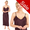 Long full length mat satin chemise nightdress with string adjustable straps in a plain chocolate brown in UK plus sizes 12, 14, 16, 18, 20, 22, 24, 26, 28, 30, 32, 34, 36, 38