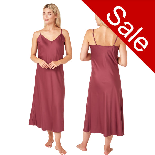 Long full length mat satin chemise nightdress with string adjustable straps in a plain wine red in UK plus sizes 12, 14, 16, 18, 20, 22, 24, 26, 28, 30, 32, 34, 36, 38