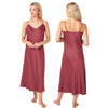 long full length mat satin chemise nightdress with string adjustable straps in a plain wine red in UK plus sizes 12, 14, 16, 18, 20, 22, 24, 26, 28, 30, 32, 34, 36, 38