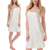 plain cream silky shiny satin chemise nightie which is knee length with adjustable straps and a round neck detail in UK sizes 16, 18