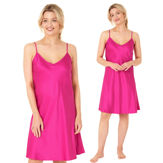 plain hot bright pink satin chemise nightie which is knee length with adjustable straps and a vee neck detail in UK plus sizes 12, 14, 16, 18, 20, 22, 24, 26, 28, 30, 32, 34, 36, 38