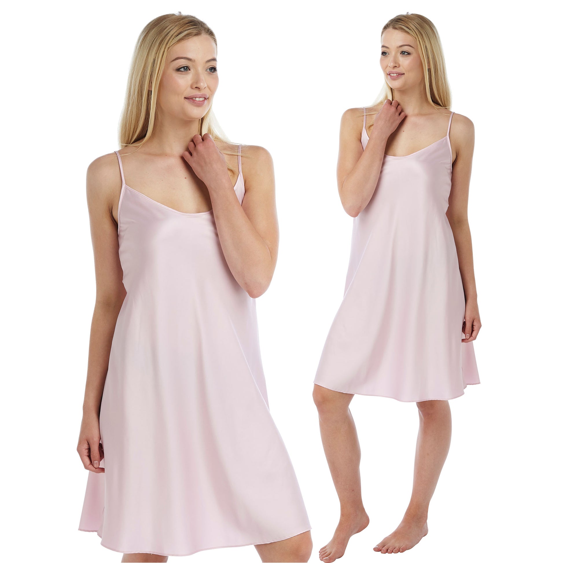 plain pastel light pink satin chemise nightie which is knee length with adjustable straps and a round neck detail in UK sizes 12, 14, 16, 18