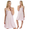 plain pastel light pink satin chemise nightie which is knee length with adjustable straps and a round neck detail in UK sizes 12, 14, 16, 18