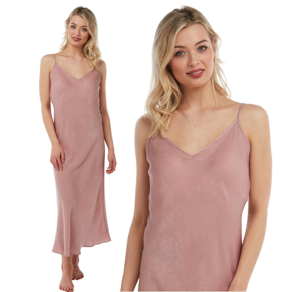 long full length mat satin a thicker fabric chemise nightdress with string adjustable straps in a plain pink which flips to a gold tint in UK plus sizes 12, 14, 16, 18, 20, 22, 24, 26, 28, 30, 32, 34