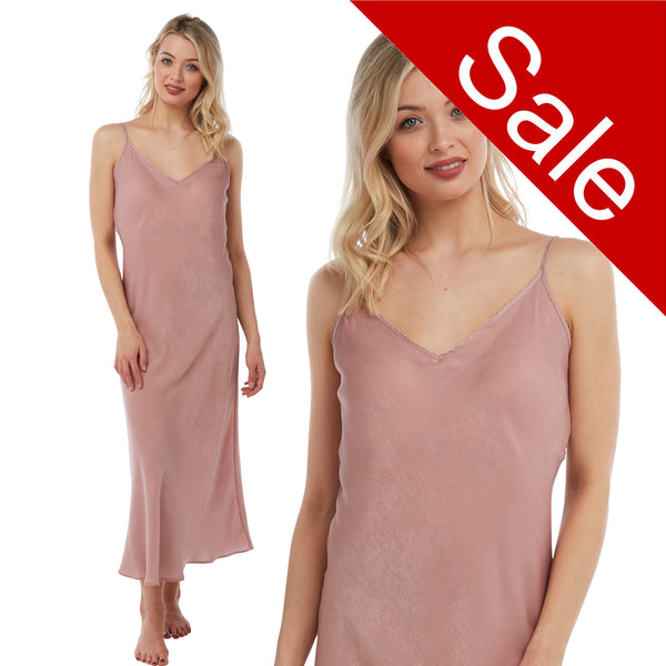 Long full length mat satin a thicker fabric chemise nightdress with string adjustable straps in a plain pink which flips to a gold tint in UK plus sizes 12, 14, 16, 18, 20, 22, 24, 26, 28, 30, 32, 34