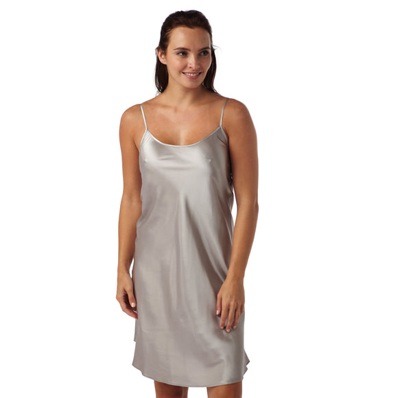 plain silver grey satin chemise nightie which is knee length with adjustable straps and a round neck detail in UK sizes 8, 10, 12, 14,
