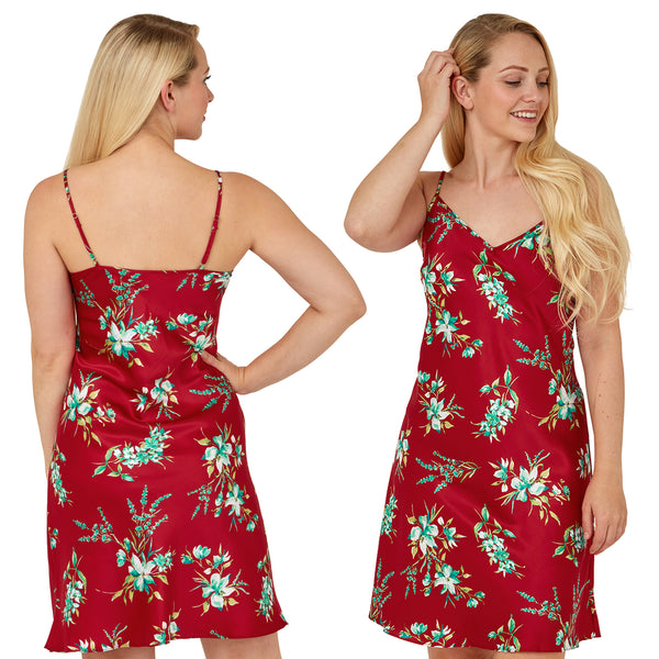 claret red floral satin chemise nightie which is knee length with adjustable straps and a vee neck detail in UK sizes 12, 14, 16, 18