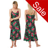 Long full length mat satin chemise nightdress with string adjustable straps in a black background with a red rose pattern in UK sizes 8, 10, 12, 14, 16, 18, 20, 22, 