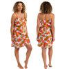 Tropical orange fruit print mat satin chemise, nightie which is knee length with adjustable straps and a vee neck detail in UK plus sizes 16, 18, 20, 22, 24, 26