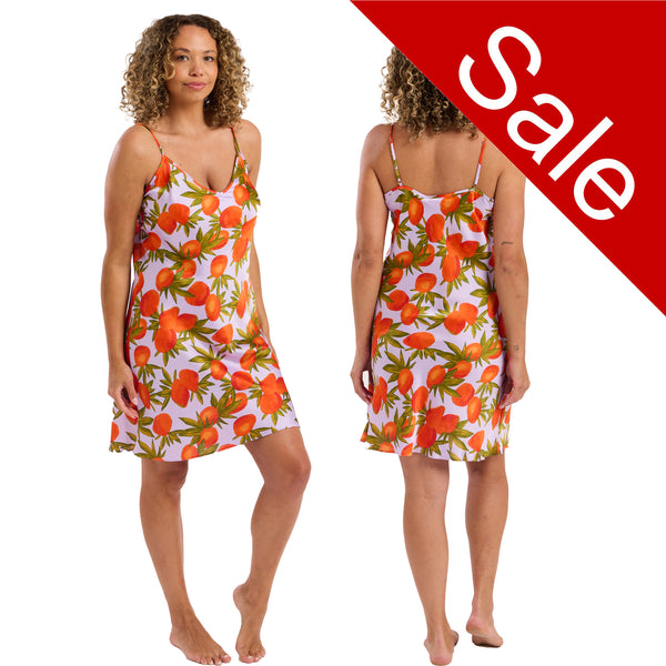 Tropical orange fruit print mat satin chemise, nightie which is knee length with adjustable straps and a vee neck detail in UK plus sizes 16, 18, 20, 22, 24, 26