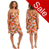 Tropical orange fruit print mat satin chemise, nightie which is knee length with adjustable straps and a vee neck detail in UK plus sizes 16, 18, 20, 22, 24, 26