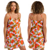 Tropical orange fruit print mat satin chemise, nightie which is knee length with adjustable straps and a vee neck detail in UK plus sizes 16, 18, 20, 22, 24, 26