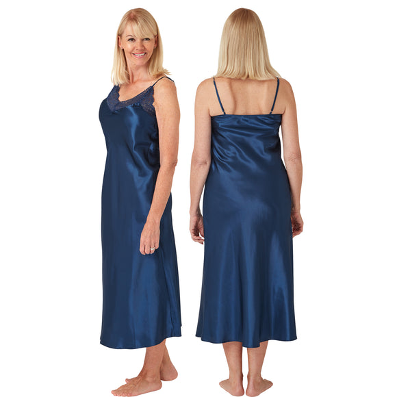 long full length silky shiny satin and lace chemise nightdress with string adjustable straps in plain teal blue in UK plus sizes 14, 16, 18, 20, 22, 24, 26, 28,
