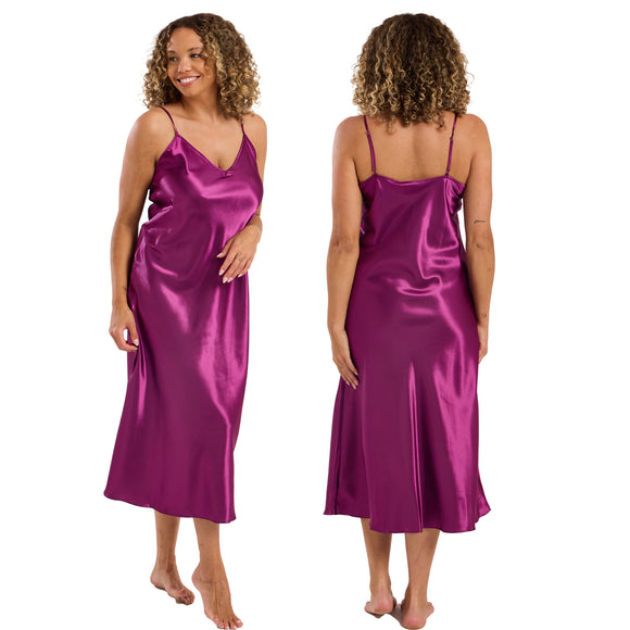 long full length silky shiny satin chemise nightdress with string adjustable straps in plain plum purple in UK plus sizes 16, 18, 20, 22, 24, 26