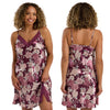 Claret red oversize bloom floral print silky shiny satin chemise, nightie which is knee length with adjustable straps and a vee neck detail in UK sizes 8, 10, 16, 18, 20, 22