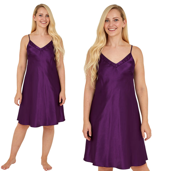 Plain purple shiny silky satin chemise nightie which is knee length with adjustable straps and a vee neck detail in UK plus sizes 12, 14, 16, 18, 20, 22, 24, 26, 28, 30, 32