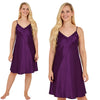 Plain purple shiny silky satin chemise nightie which is knee length with adjustable straps and a vee neck detail in UK plus sizes 12, 14, 16, 18, 20, 22, 24, 26, 28, 30, 32