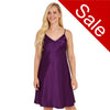 Plain purple shiny silky satin chemise nightie which is knee length with adjustable straps and a vee neck detail in UK sizes 12, 14, 