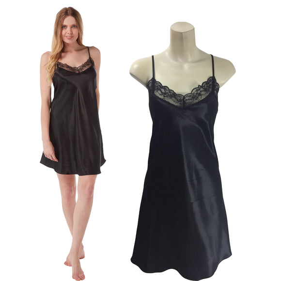 plain black shiny silky satin and lace chemise nightie which is knee length with adjustable straps and a vee neck detail in UK plus sizes 8, 12, 14, 16, 18, 20, 22, 24, 26, 28, 30, 32, 