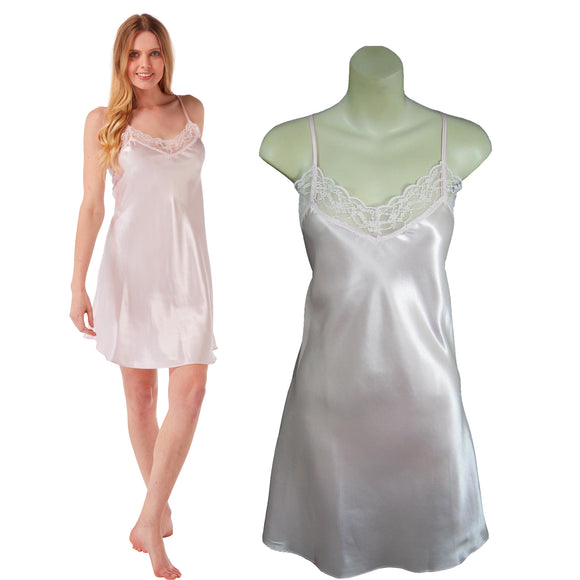 plain pink shiny silky satin and lace chemise nightie which is knee length with adjustable straps and a vee neck detail in UK plus sizes 12, 14, 16, 18, 20, 22, 24, 26, 28, 30, 32,